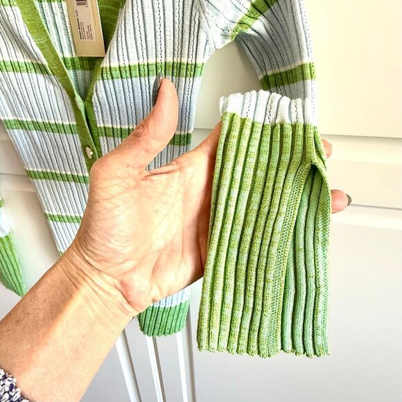 NWT Ramy Brook “Raya” Stripe Knit Button-front Sweater, in light blue and green - Picture 6 of 13